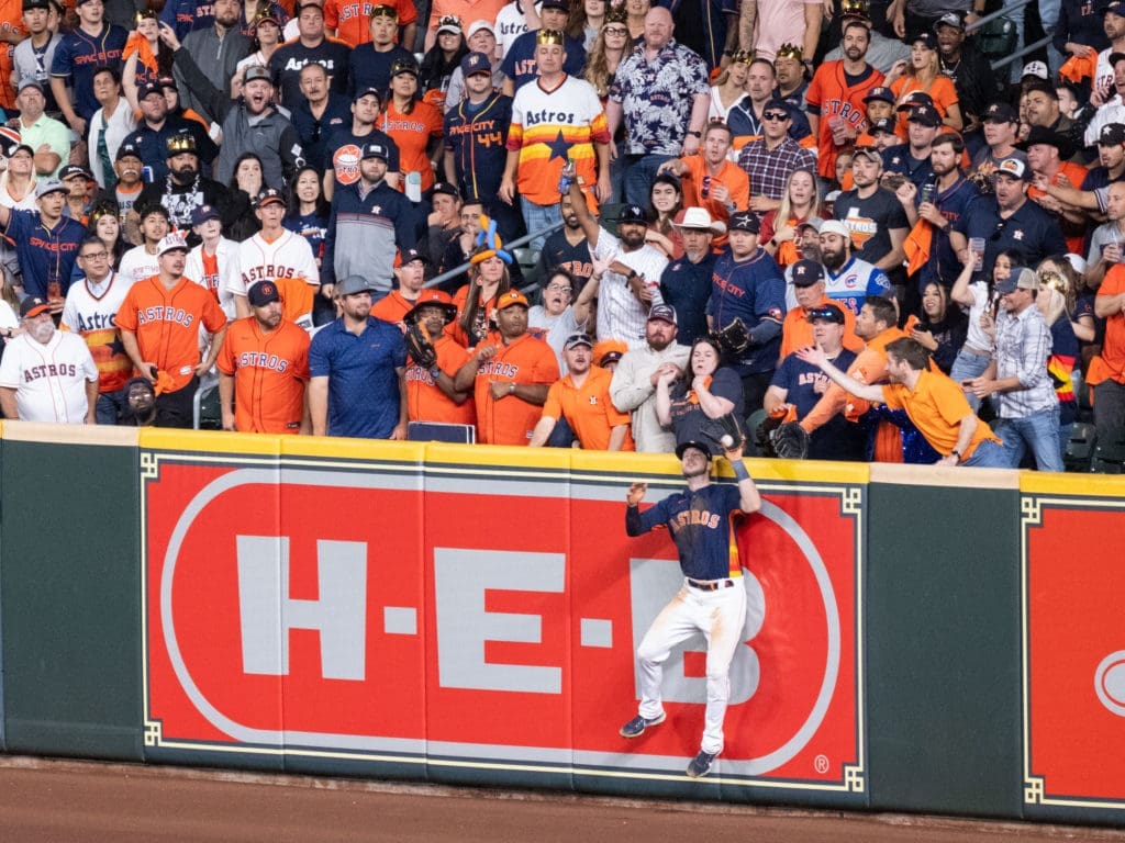 New York Yankees star Aaron Judge thought he might have hit a home run. But Astros right fielder Kyle Tucker had it sized up the entire time. (Photo by F. Carter Smith)