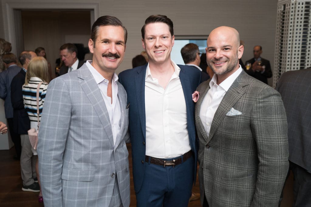 Aaron Laine, Todd Beckendorff, Christopher Alexander at the grand opening of the 1661 Tanglewood luxe sale office in Uptown Park. (Photo by Daniel Ortiz)