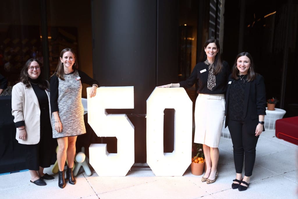 Alayna Thomas, Alicia Baker, Janet Brady, Alexandra Kittle at Gensler Houston's 50th anniversary celebration. (Photo by Quy Tran)