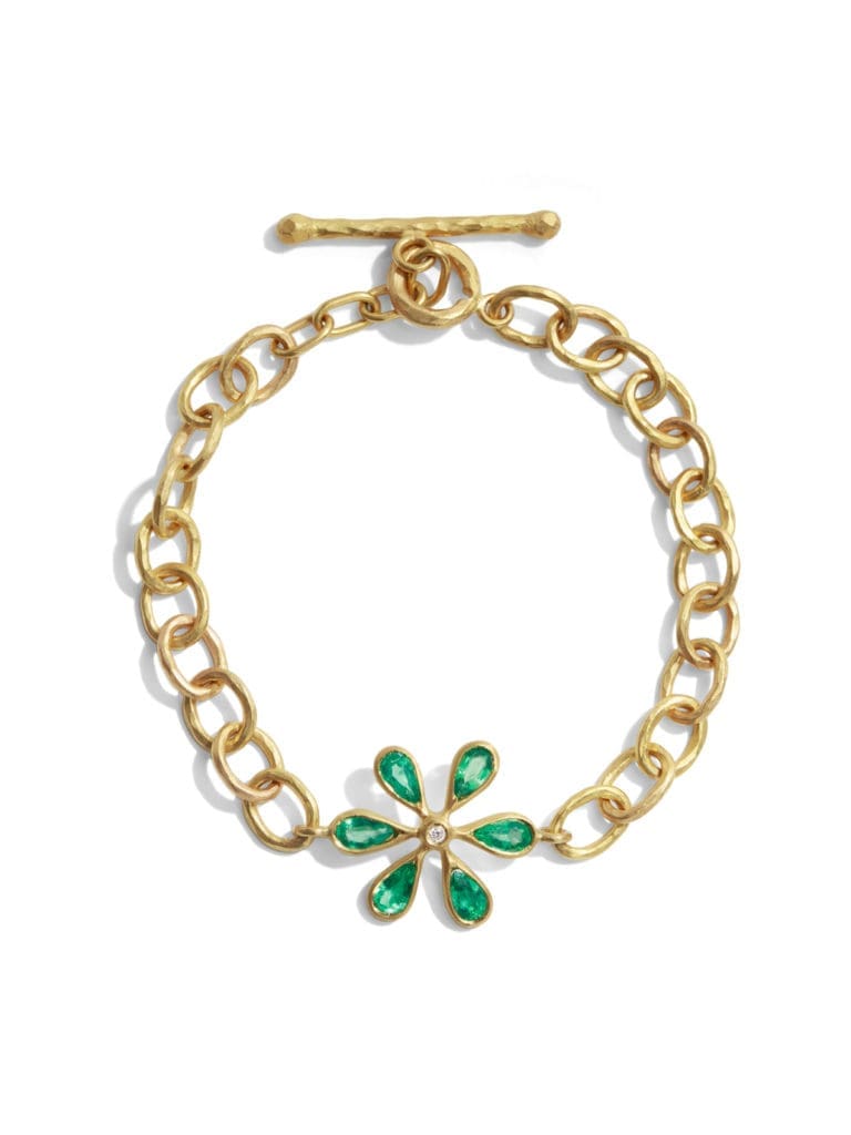Cathy Waterman Zambian Emerald Flower Yellow Gold Bracelet