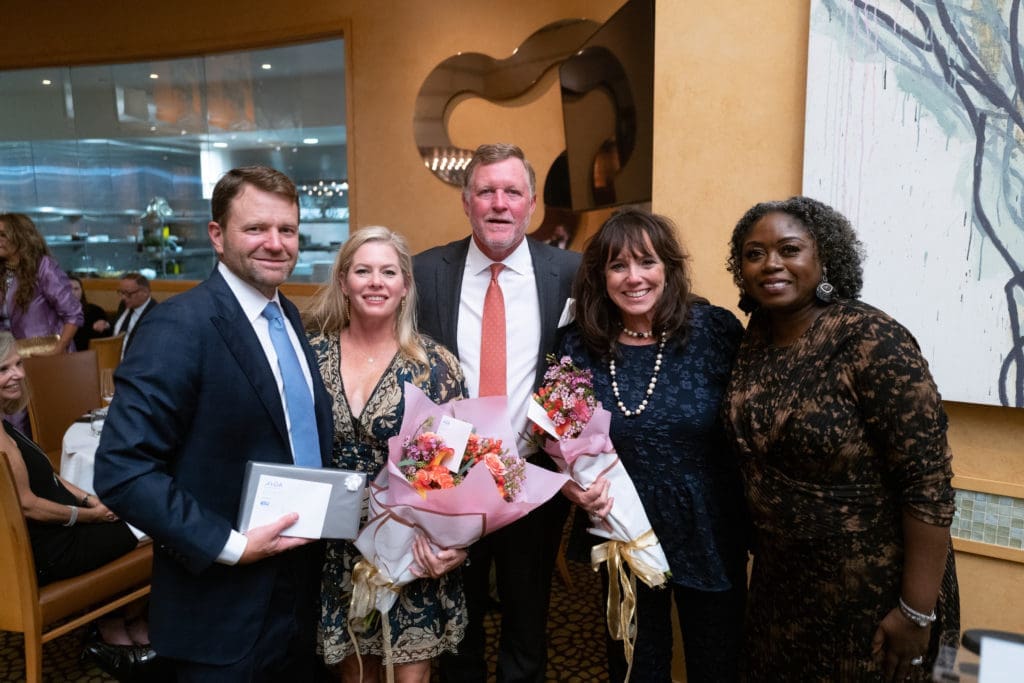 Chairs Eric & Lisa Elder, Steve & Paula Winter with AVDA CEO Maisha Colter at the 'Honoring Texas Victims' dinner at Tony's (Photo by Daniel Ortiz)
