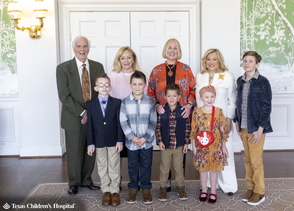 Texas Children’s Cancer and Hematology Center Salute to Champions chairs Scott Basinger, Judi McGee, Elsie Eckert, and Sidney Faust with Patient Champions Owen, Mason, Zach, Nova and Bennett (Photo Courtesy of Texas Children's Hospital)