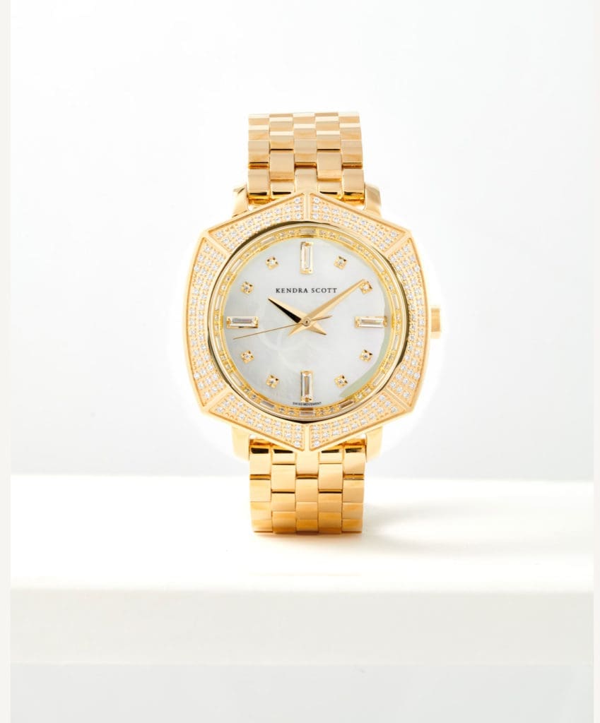 Kendra Scott Dira Gold Diamond 38mm Watch ($8,995) made with ivory mother of pearl