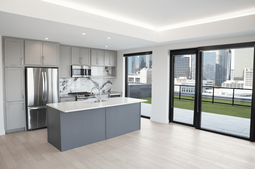 Each floor in the tower alternates between a dark, quartz gray aesthetic and a sleek white aesthetic.