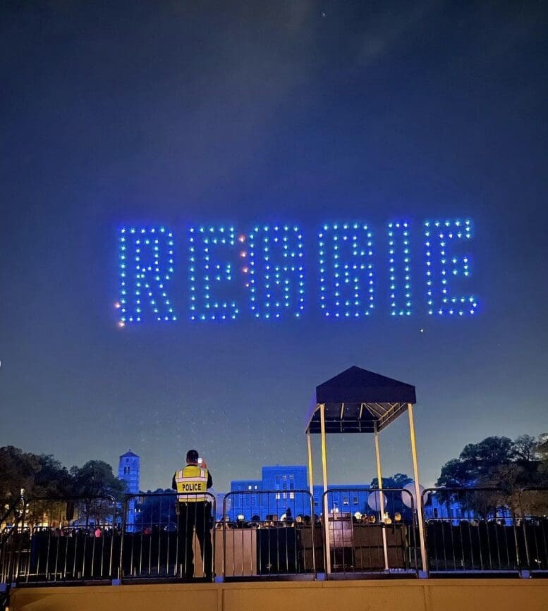 Rice president Reginald DesRoches's nickname spelled out in drones created for 'The Investiture Gala' by Verge Aero.