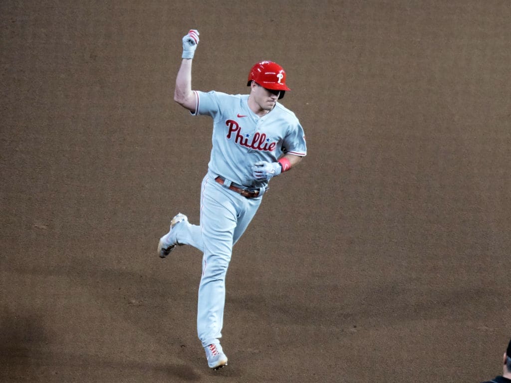Phillies catcher J.T. Realmuto beat the Astros with a 10th inning home run in Game 1. (Photo by F. Carter Smith)