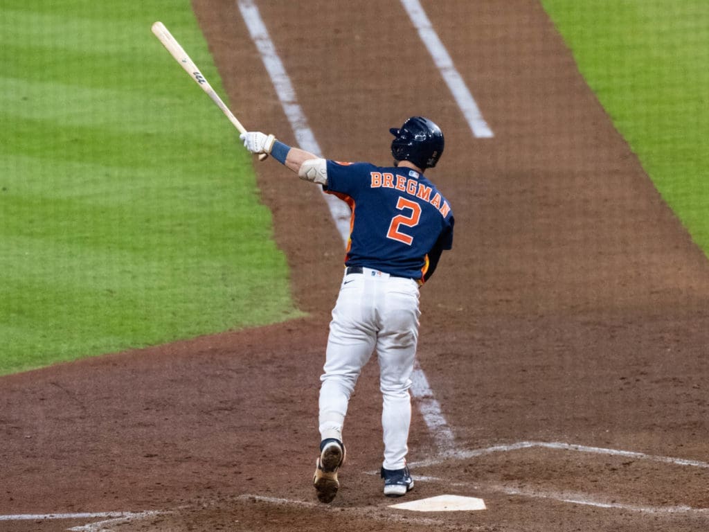 Alex Bregman hit a booming home run with Kate Upton holding his baby son Knox.  (Photo by F. Carter Smith)