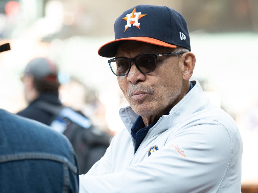 Reggie Jackson wearing Astros gear is almost becoming a familiar site in October in Houston. (Photo by F. Carter Smith)