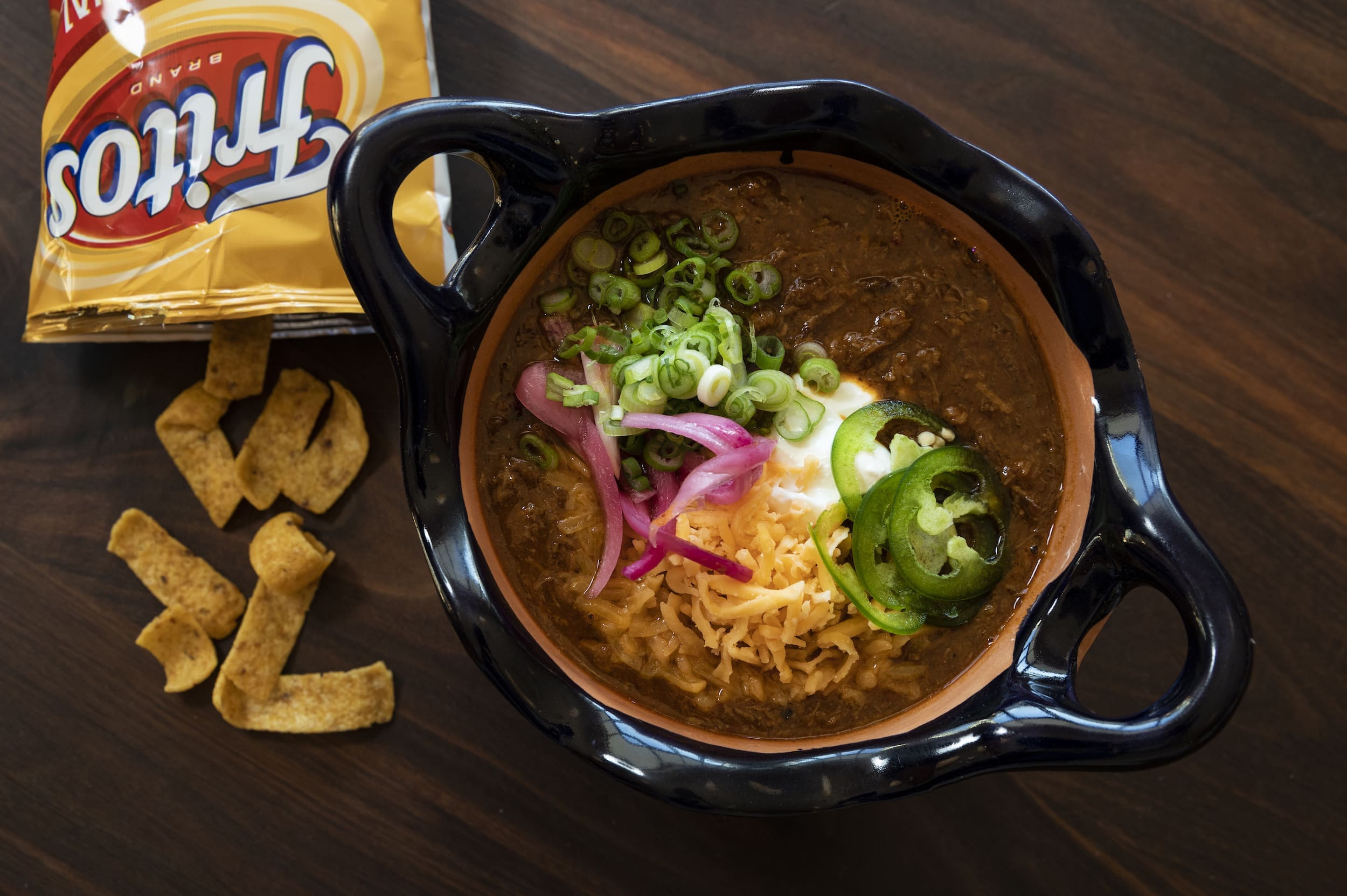 Texas chili is made as authentic as it gets and served at Wild Oats with a side of crunchy Fritos. (Photo by Claudia Casbarian)