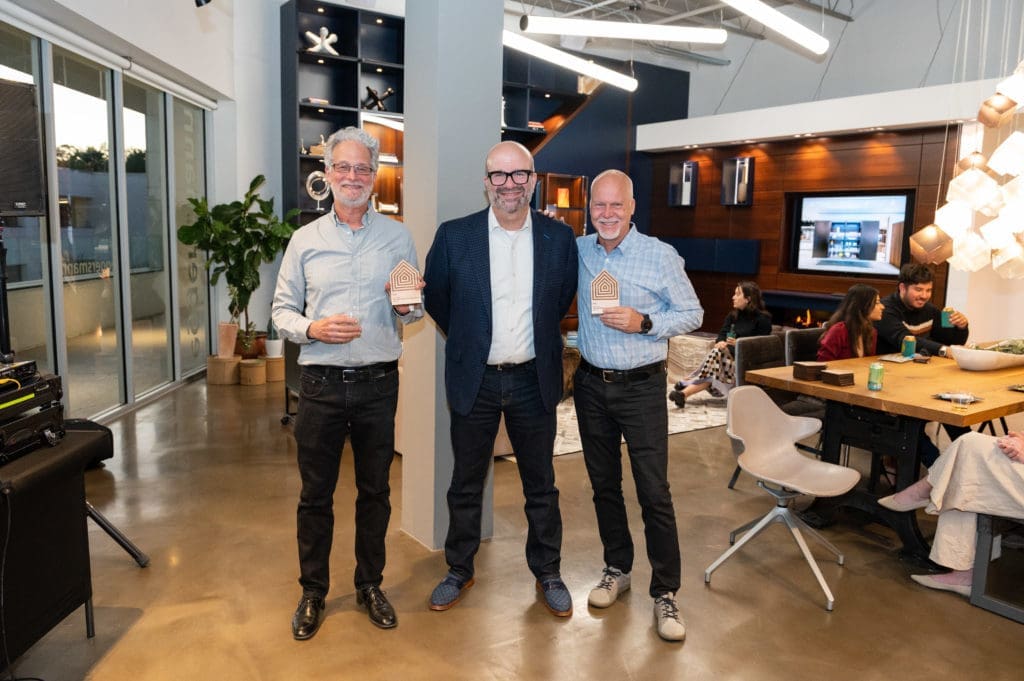 Bob Robinowitz, Rusty Bienvenue, Mike Mcintyre at the Houston AIA Home Tour Appreciation Party (Photo by Killy Chavez)