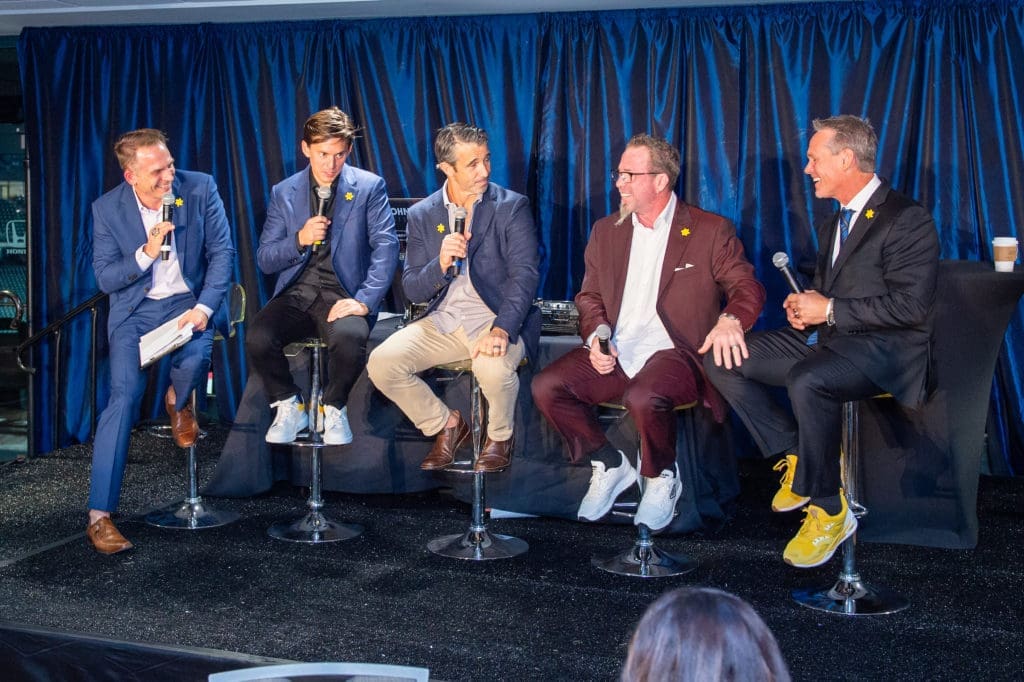 Johnny Bravo, Connor Briggo, Brad Ausmus, and Jeff Bagwell gently roast Sunshine Kids dinner honoree Craig Biggio at Minute Maid Park. (Photo by Jacob Power)