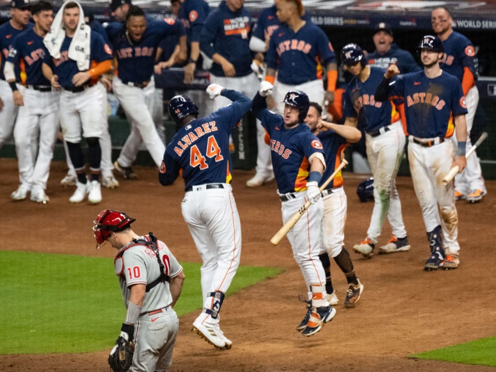 Yordan Alvarez's home run brought the entire Houston Astros' dugout out to celebrate. (Photo by F. Carter Smith)