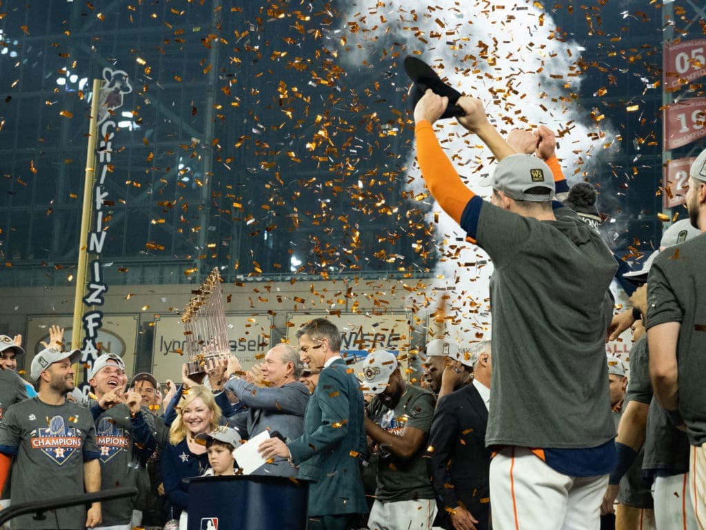 As golden confetti floated down, the Houston Astros enjoyed every moment of the championship presentation. (Photo by F. Carter Smith)