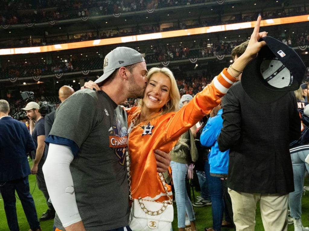 Astros trade deadline acquisition Trey Mancini kissed his fiancee Sara Perlman, who he credits with getting him through a scary cancer fight just two years ago. (Photo by F. Carter Smith)