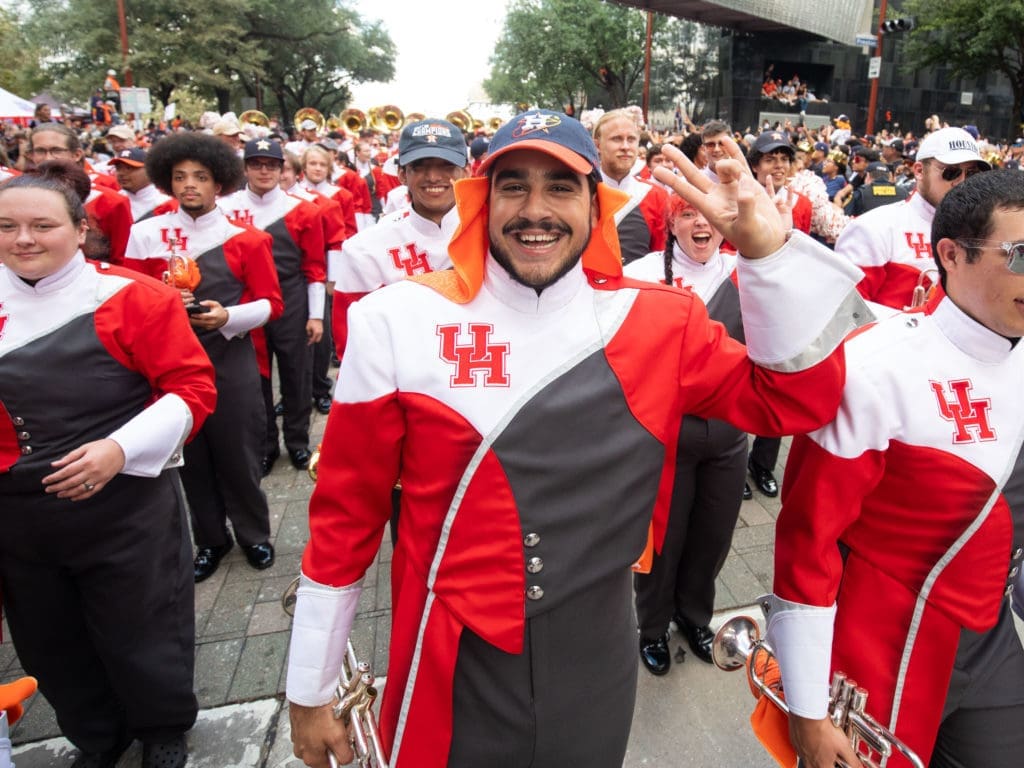 The UH spirit band was part of the Houston Astros' parade. (Photo by F. Carter Smith)