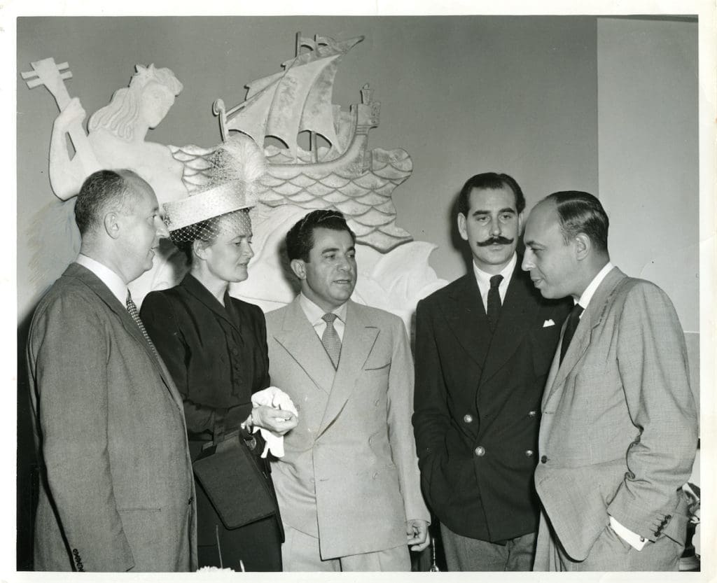 Christian Dior, Irene Gibbons, Salvatore Ferragamo, George Mitchison, and Stanley Marcus at the Neiman Marcus Fashion Award Ceremony (1947) - Courtesy of SMU