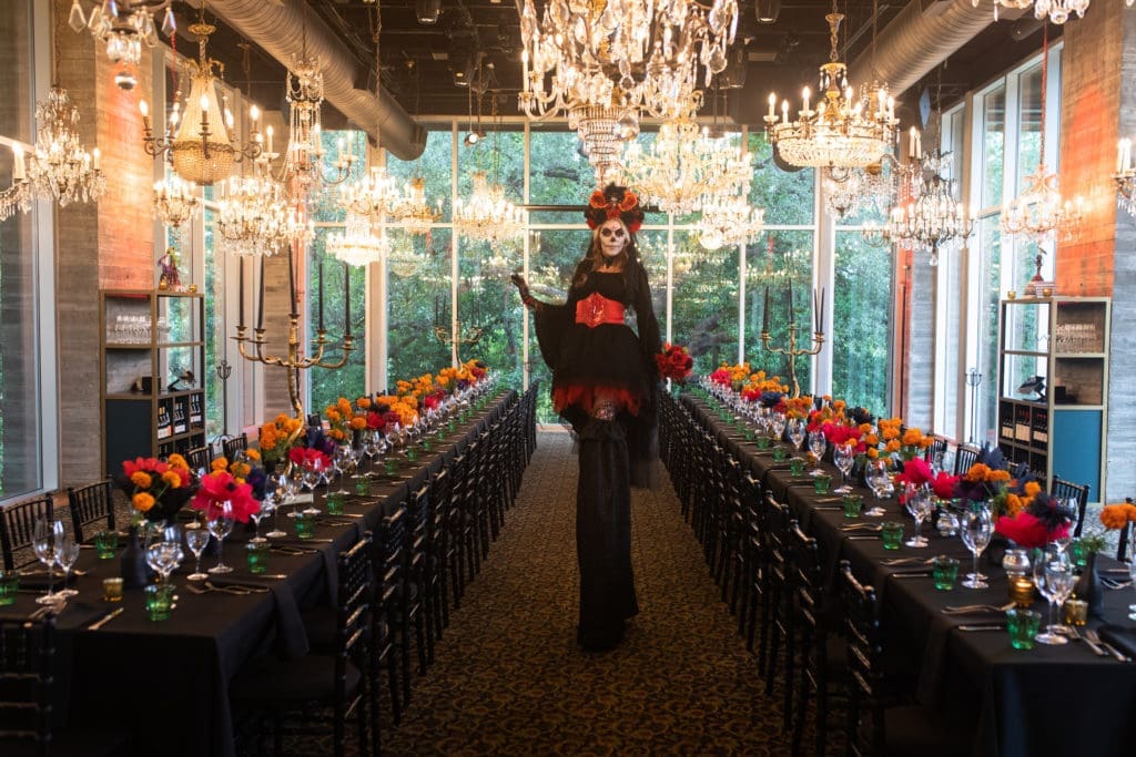 La Catrina stiltwalker welcomed guests to the Cena Negra at Flora. (Photo by Leah Walker Wilson)