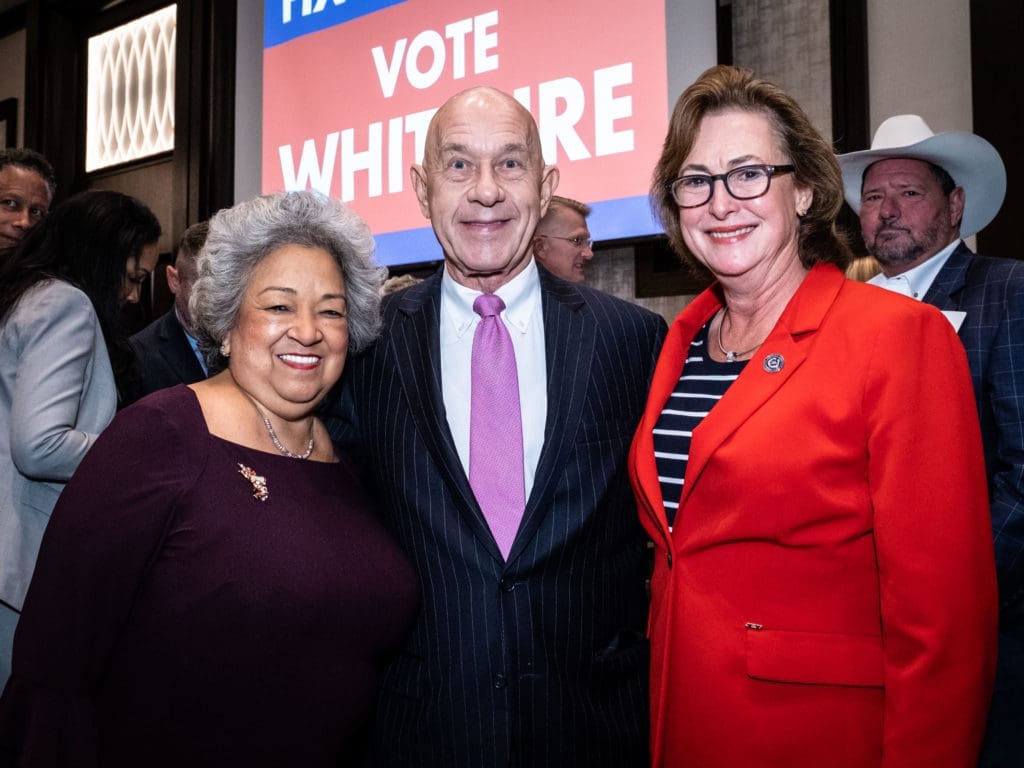 Lenora Sorola Pohlman, State Senator John Whitmire, Harris County District Attorney Kim Ogg at Whitmire's official announcement of his candidacy for Houston mayor with Tillman Fertitta and the host committee at the Post Oak Hotel at Uptown Houston. (Photo by F. Carter Smith)