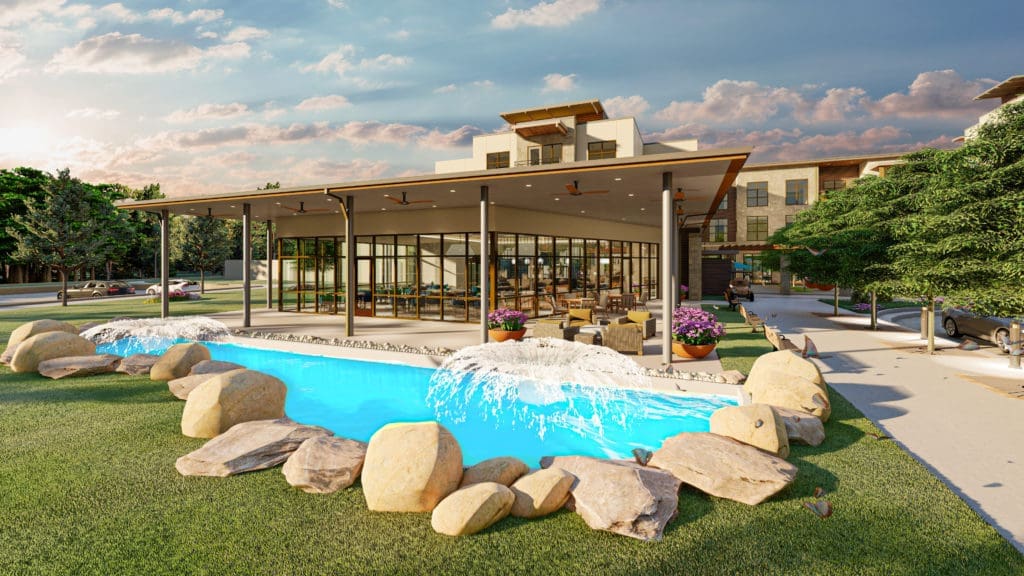 The exterior of Pyles soon-to-open Alma, which overlooks a water feature at Hacienda at Georgetown.