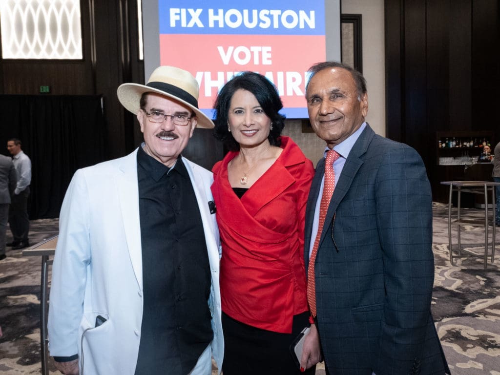Riyad Abu Taha, University of Houston president Renu Khator & Professor Suresh Khator at State Senator John Whitmire's official announcement of his candidacy for Houston mayor with Tillman Fertitta and the host committee at the Post Oak Hotel at Uptown Houston. (Photo by F. Carter Smith)