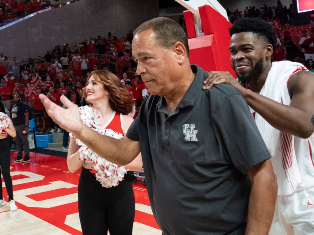 University of Houston point guard Jamal Shead was pumped up to be part of Kelvin Sampson's 700 win night. (Photo by F. Carter Smith)