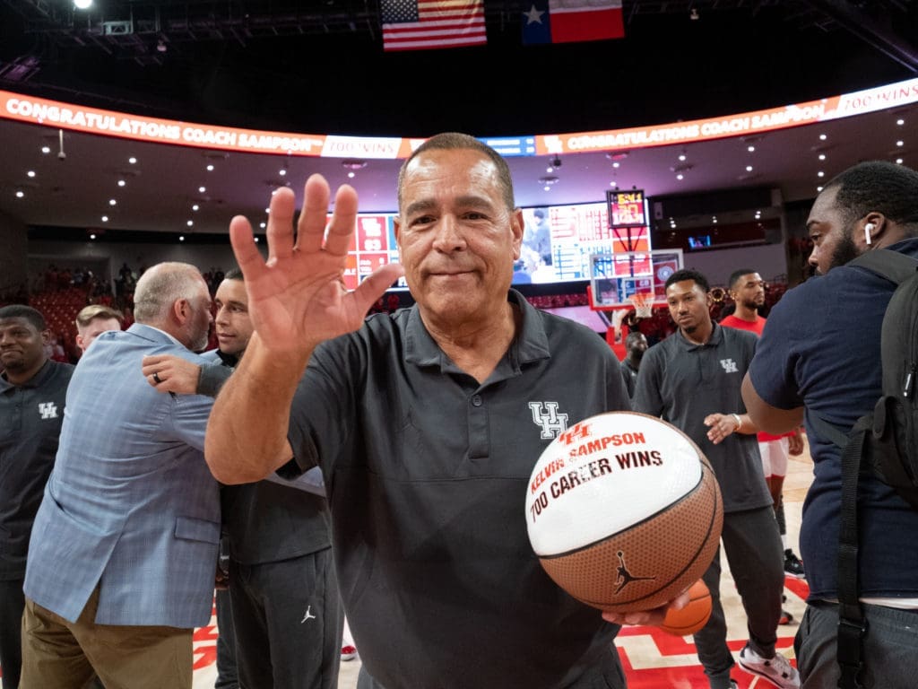 University of Houston coach Kelvin Sampson thanked the fans for the 700 win love. (Photo by F. Carter Smith)