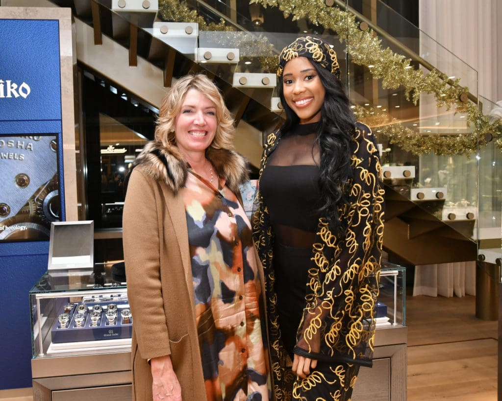 Sarah Leftwich, Sabirah Rayford at the Zadok Jewelers holiday soirée. (Photo by Alex Montoya)