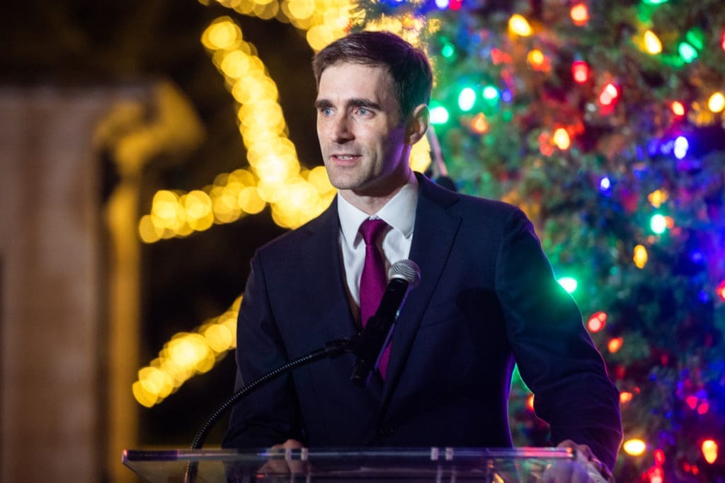 Dr. David McCall addresses the gathering at the Santa's Elves Party, held at The Fertitta Family home in River Oaks,  benefitting MD Anderson Children's Cancer Hospital.