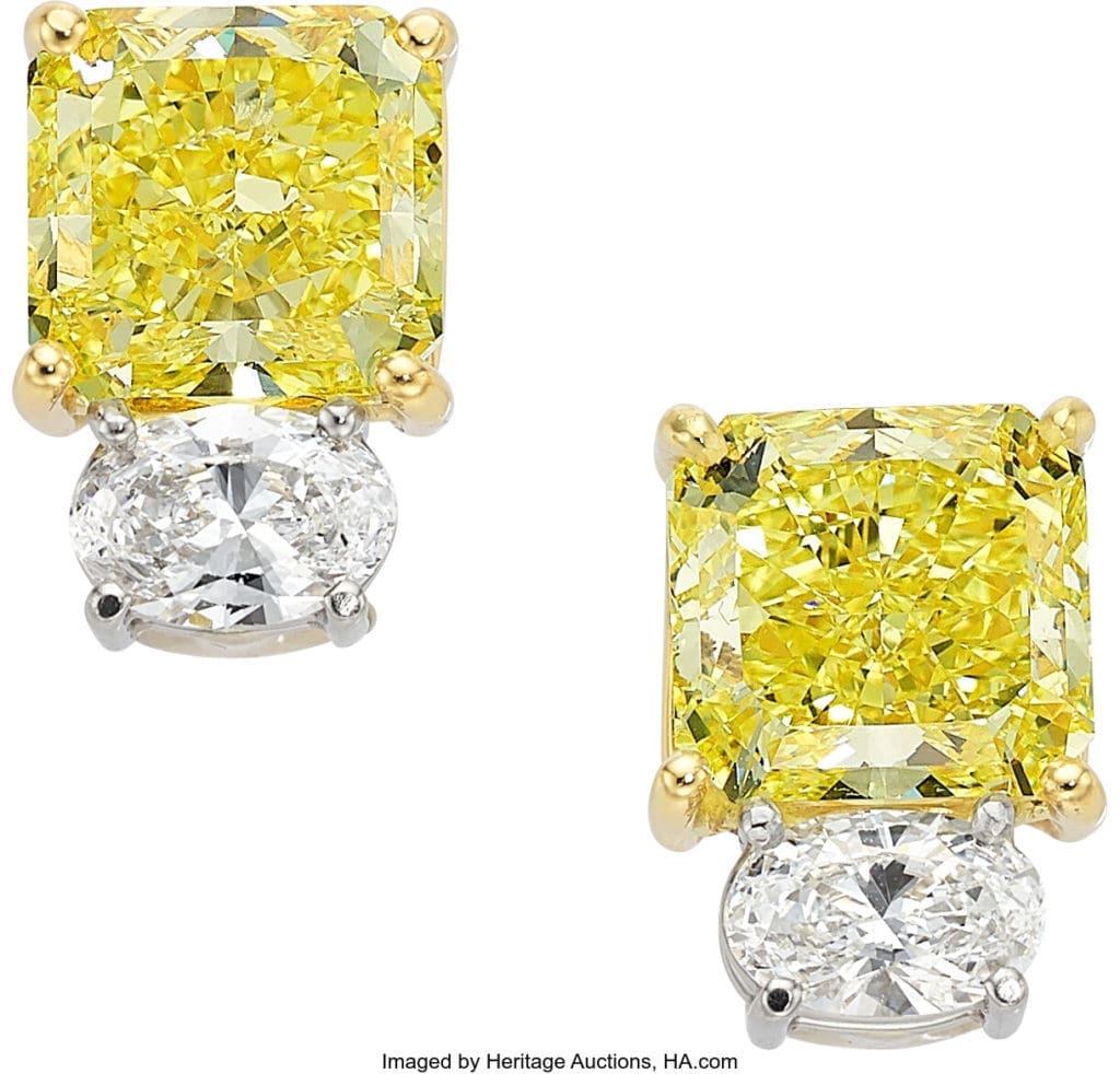 The Fancy Intense Yellow Diamond, Diamond, Platinum, Gold Earrings sold for $225,000 at Heritage Auctions Fall Fine Jewelry Signature Auction (Courtesy Heritage Auctions)