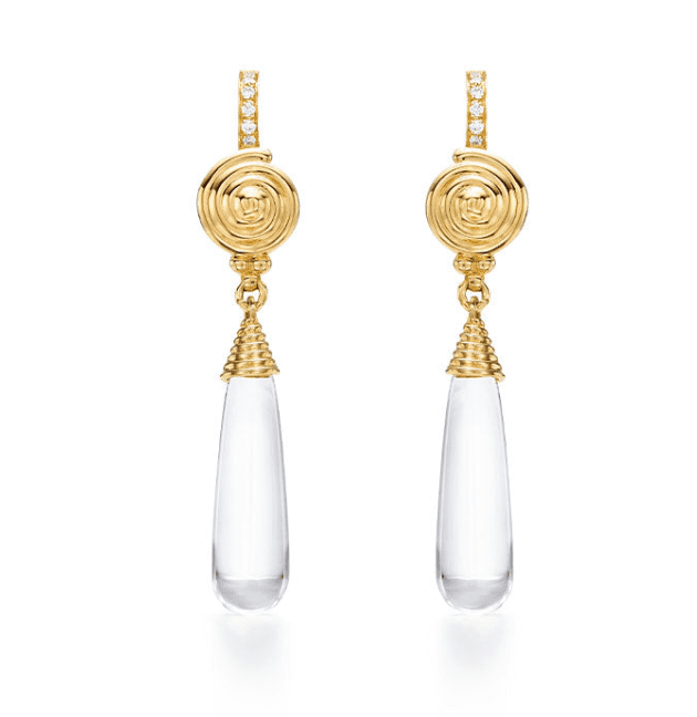 Temple St. Clair Spellbinding spiral yellow gold drop earrings with natural rock crystal, $2500