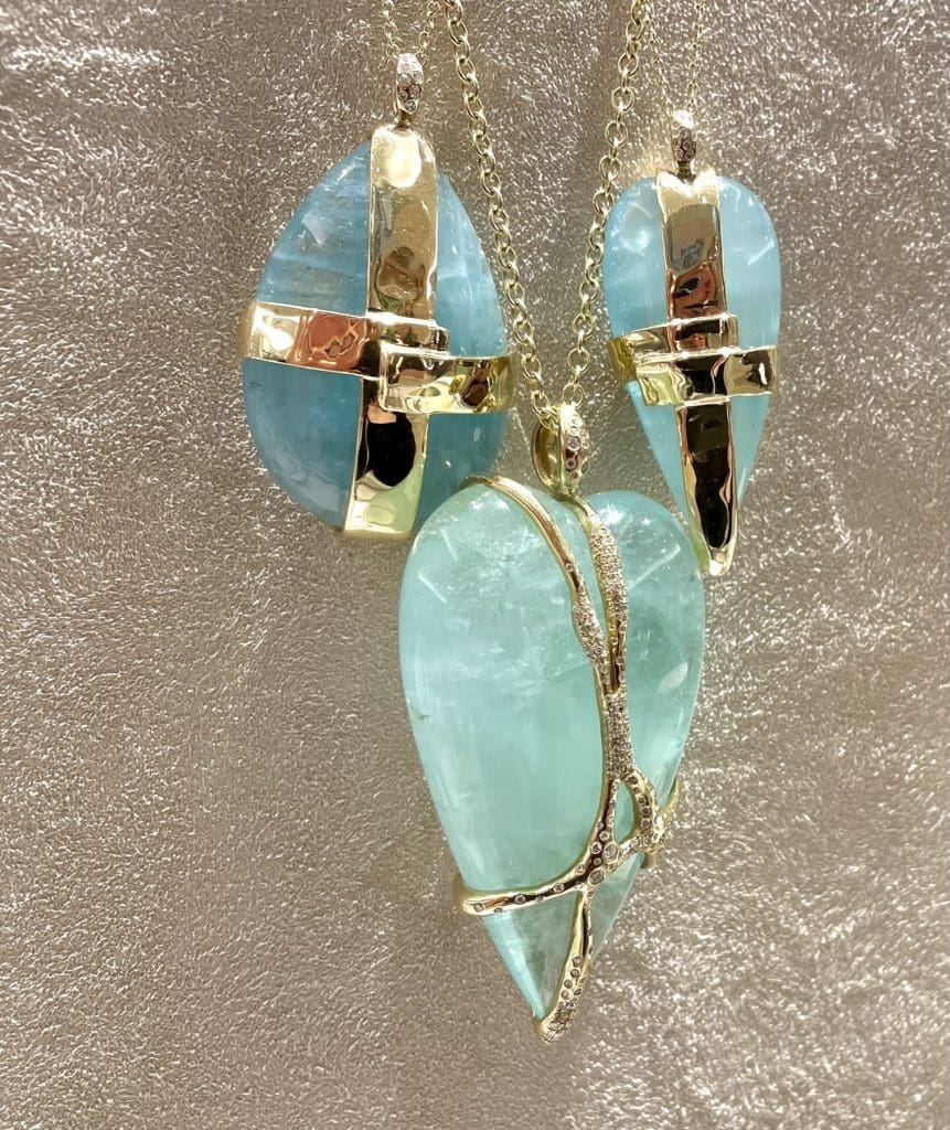 For Ippolita Rostagno the material dictates the design, like these one of a kind aquamarines set in hammered gold.