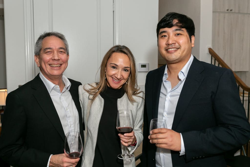 Joe & Kadisha Davidson, ISHIDA board member John Chen at ISHIDA cocktail kickoff for "stirs up still things" (Photo by Emily Jaschke)