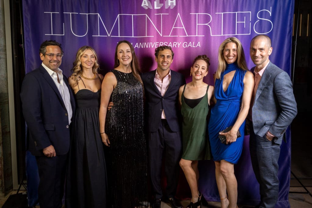 Shane Frank, Katharine Barthelme, Misty Matin, Michael Mandola, Debra Barrera, Chris Goins & Josh Pazda at the Art League Houston Luminaries gala (Photo by Alex Barber and Laura Burlton)