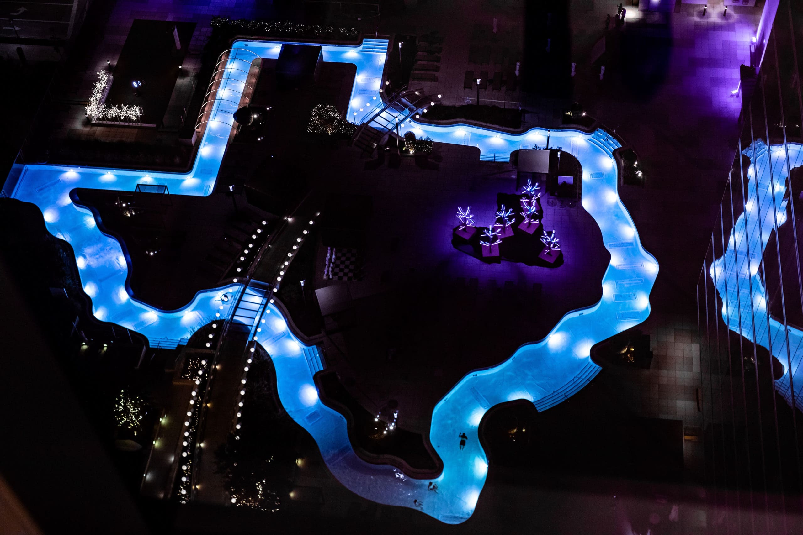 A float-under-the-lights experience can be enjoyed at the Texas-shaped lazy river at Marriott Marquis' Texas Winter Lights.