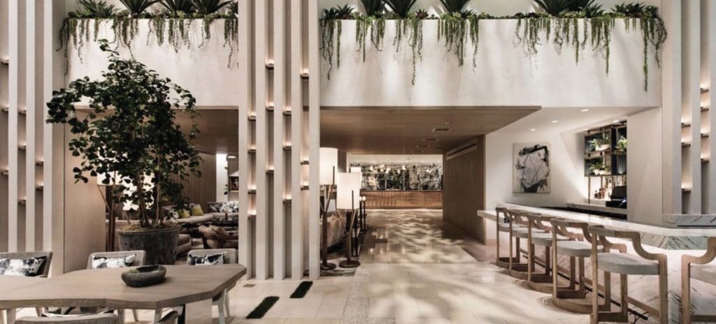 The lobby bar space inside the new Sandman Signature Hotel opening in March in downtown Fort Worth.