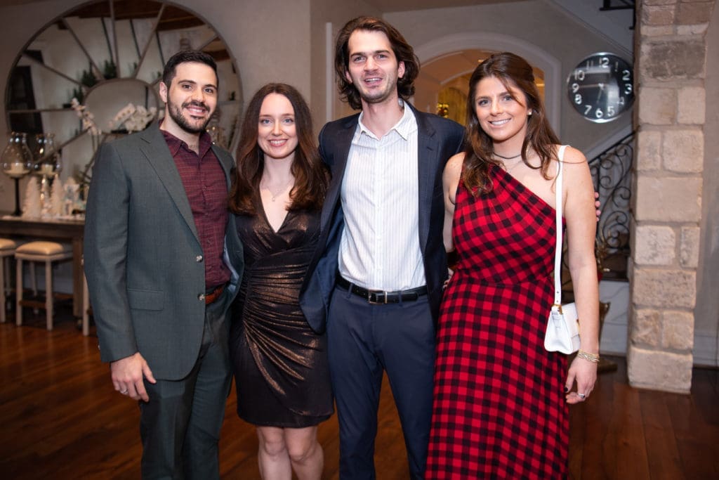 Nick & Angeliki Vrakas, Michael Fertitta, Blayne Fertitta at the Santa's Elves Party, held at The Fertitta Family home in River Oaks,  benefitting MD Anderson Children's Cancer Hospital.