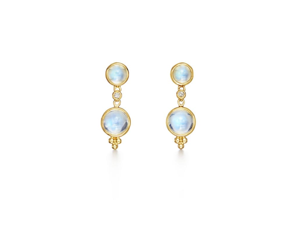 Temple St. Clair gold drop earrings featuring serene moonstone and diamond accents, $3400