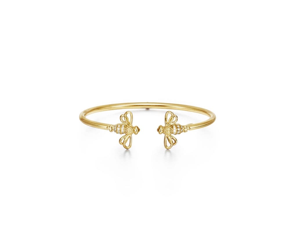 Temple St. Claire Whimsical Yellow Gold Bangle with pave diamond bee motif, $3850