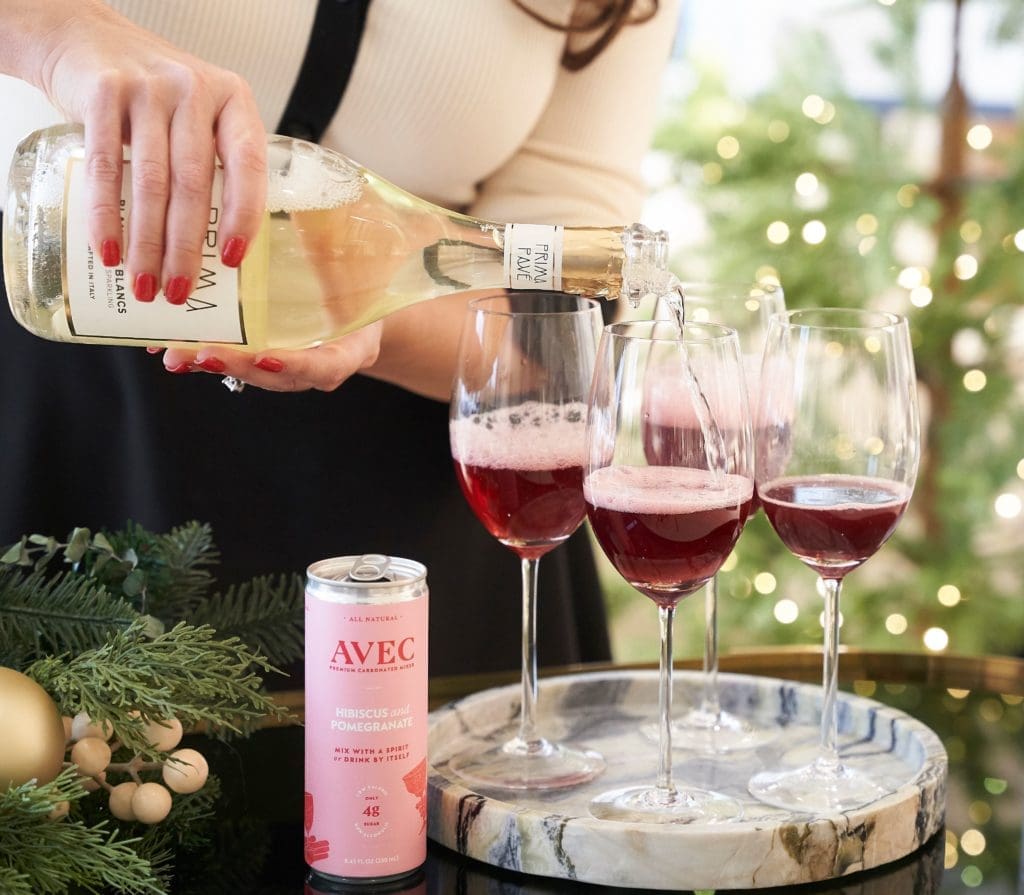 This Seasonal Spritzer made from Avec Hibiscus Pomegranate and Prima Pave Blanc de Blancs is part of the zero-proof movement. (Photo by Brian Hutson, The Elevated Elixir)