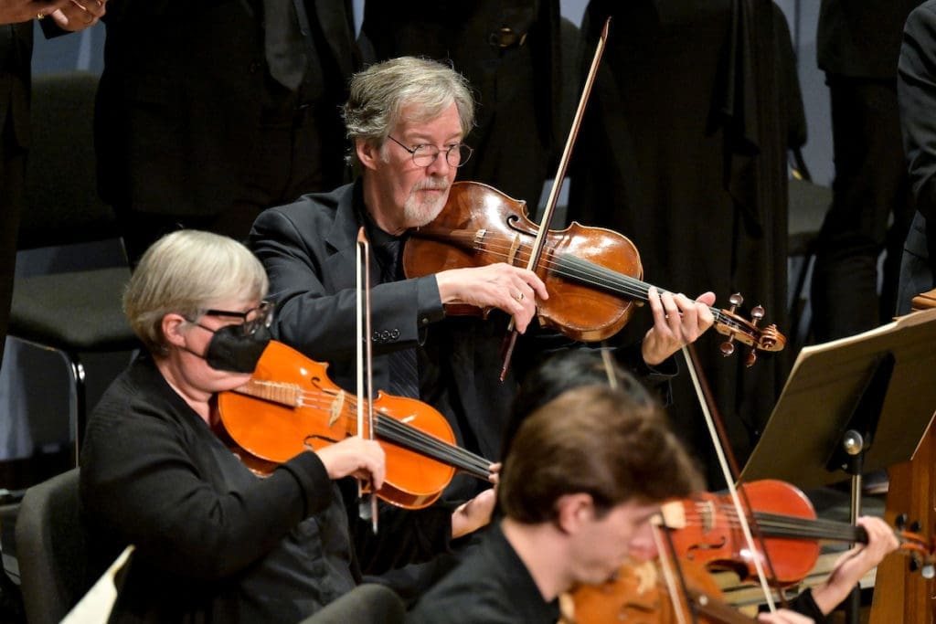 Strings performing at the Bach Society Houston Christmas Oratorio at Brockman Hall for Opera at Rice University. (Photo by Maria Lysaker)