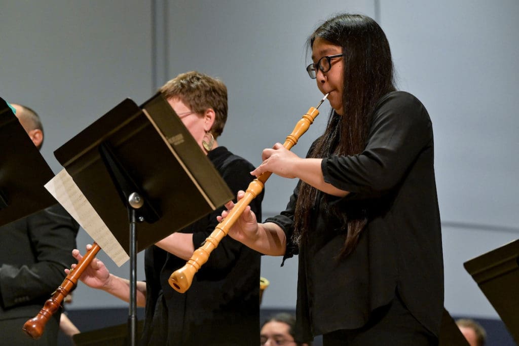 Aki Nishiguchi on oboe  at the Bach Society Houston Christmas Oratorio at Brockman Hall for Opera at Rice University. (Photo by Maria Lysaker)