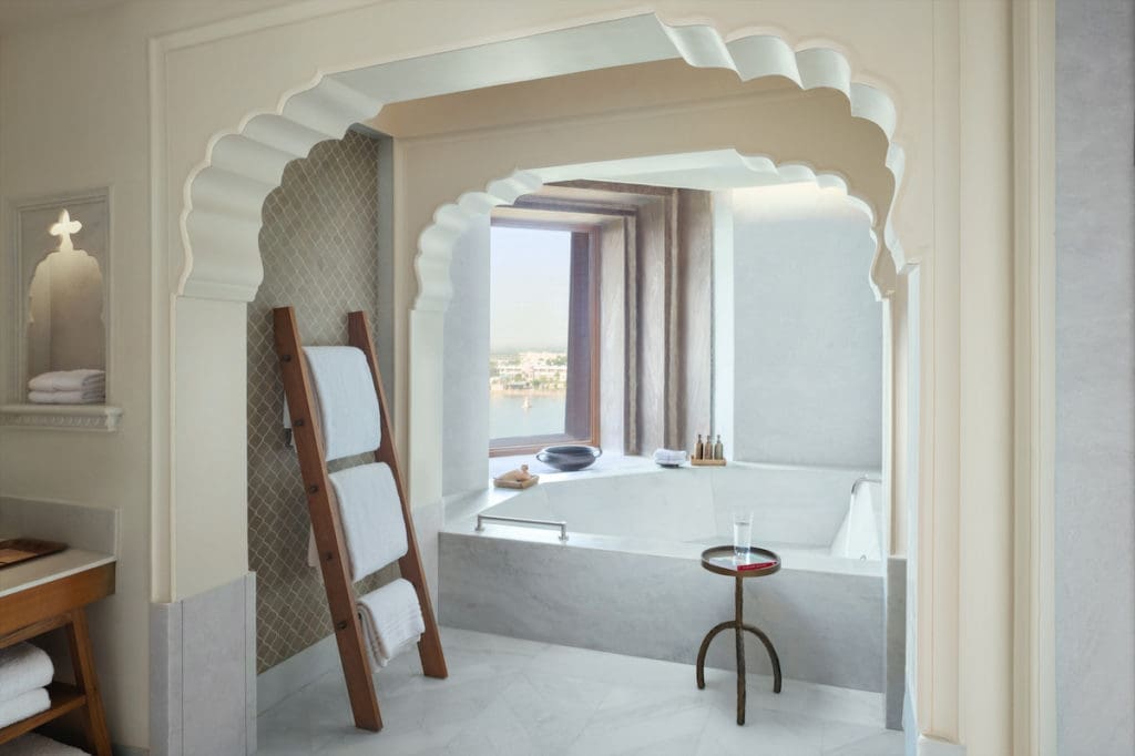 The Rani Rajkumari Suite bathroom at Six Senses Fort Barwara. 