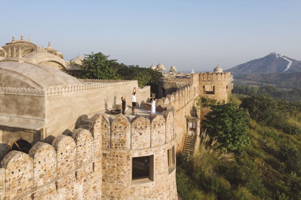 Sunrise yoga at the Fort wall, Six Senses Fort Barwara
