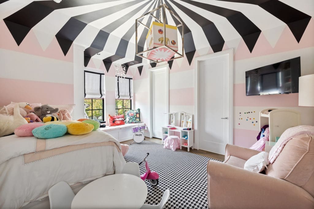 A big-top tent trompe l'oeil in the toddler's room at 1919 Elmen St. in Houston. (Photo by JG Photography)