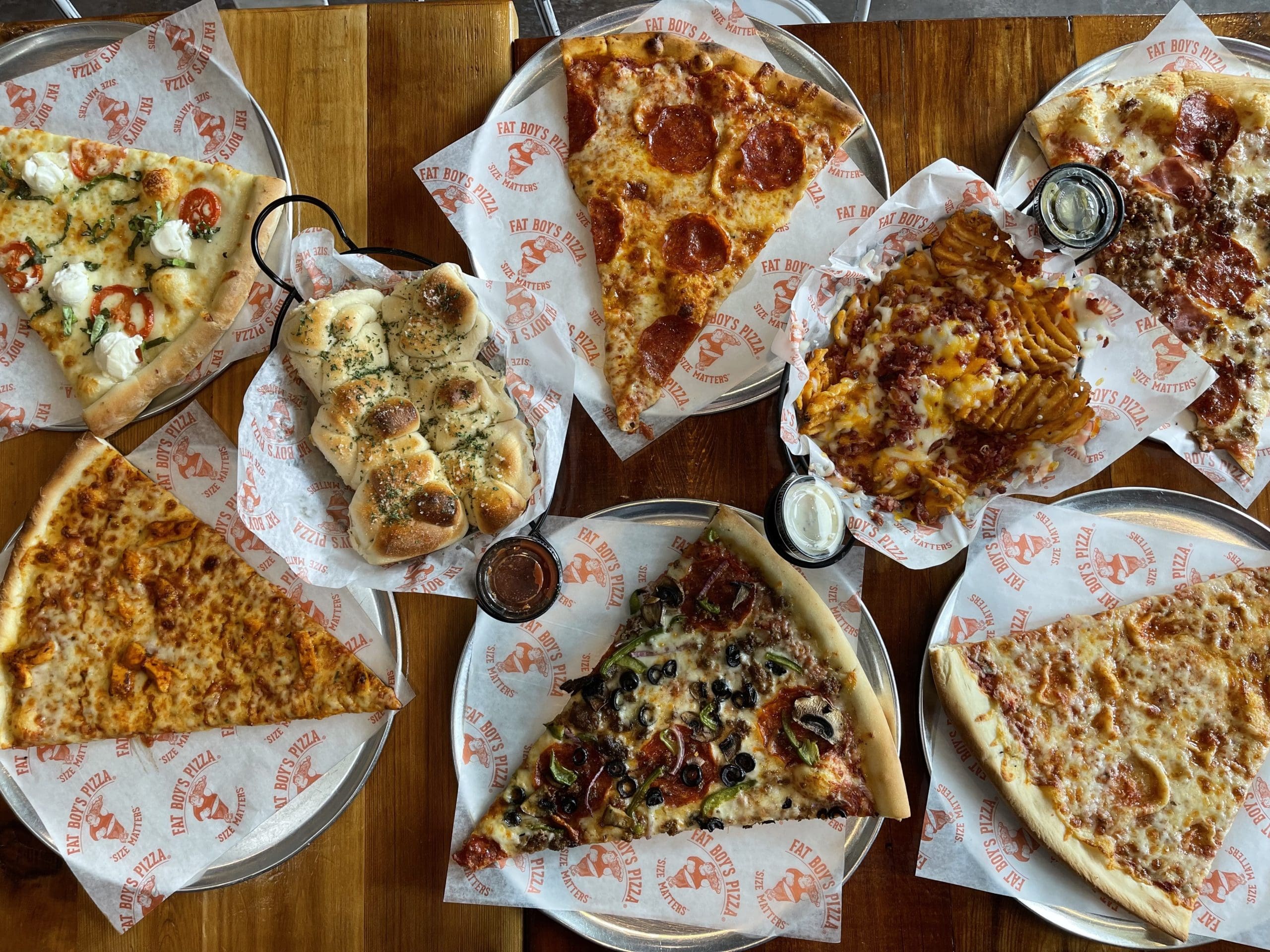 Fat Boy’s Pizza – slices, Garlic Knots,Loaded WaffleFries