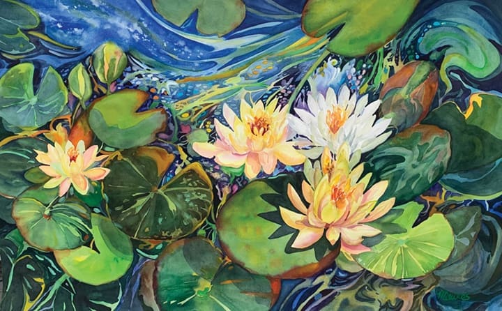 Fayetteville-area artist Mary Quiros' "Waterlilies," 2022, at Red & White Gallery. Quiros is a gifted realist painter inspired by the natural world. 
