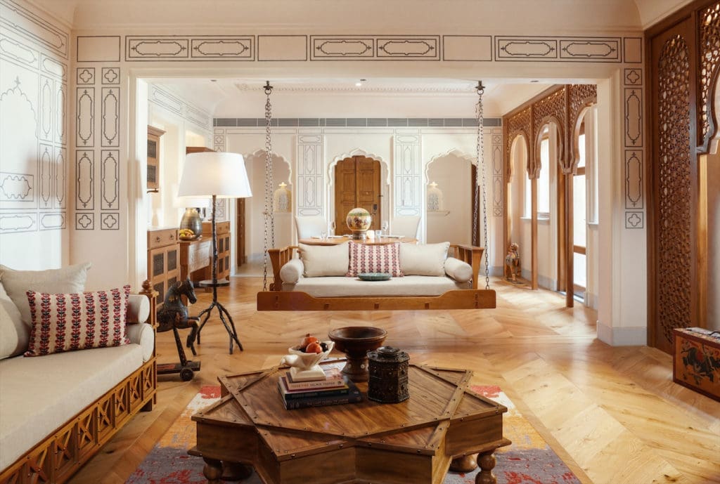 The Rani Rajkumari Suite living room at Six Senses Fort Barwara. 