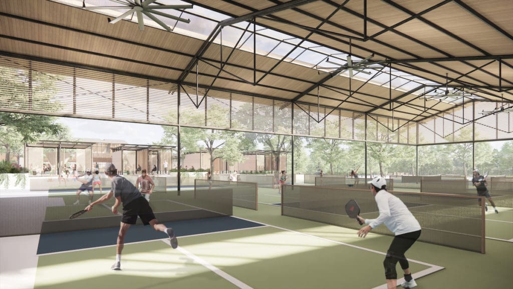 A dedicated pickleball pavilion is one of several new additions WoodHouse has in the works for T Bar M. (courtesy of Lake | Flato) 
