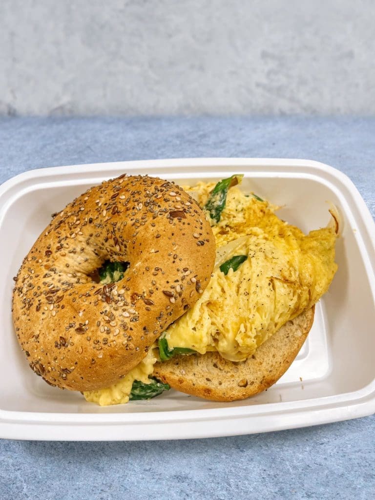 Just Eggs scramble on fresh bagel at Von's Coffee Shop.