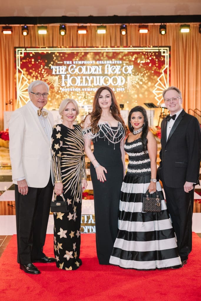 Chairs Bill King & Cheryl Boblitt, Brigitte Kalai, and Fardia Abjani with Houston Symphony executive director and CEO John Mangum at 'The Golden Age of Hollywood' gala at the Post Oak Hotel. (Photo by Johnny Than)